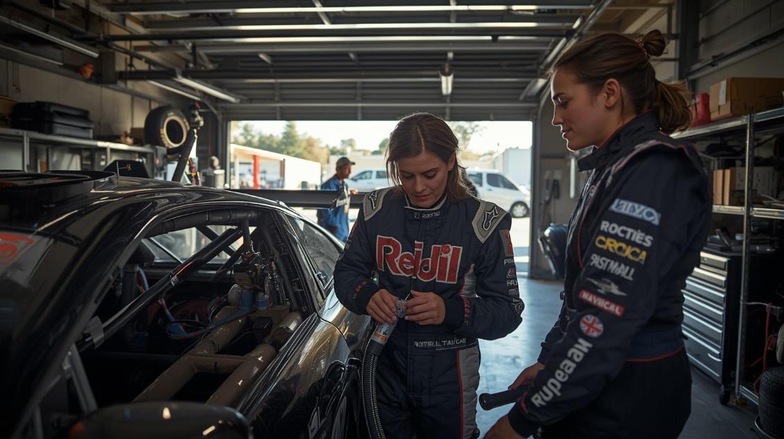 Young racing mechanic fine-tunes pneumatic system beside hopeful amateur team garage car.